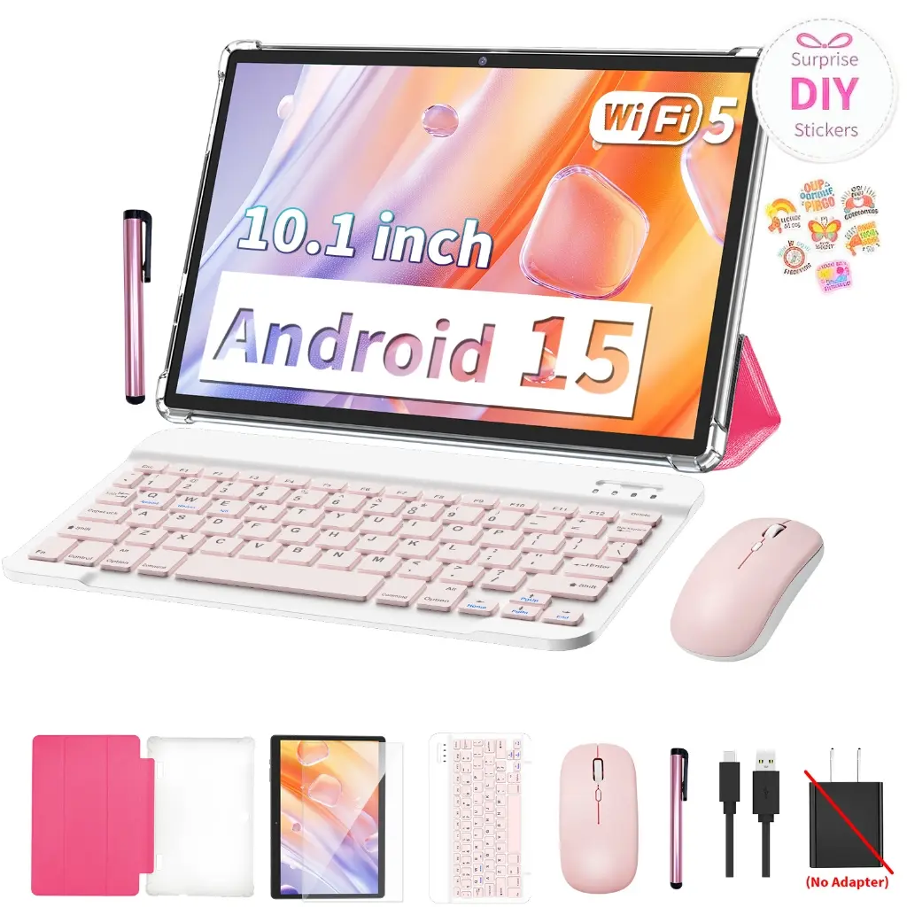 【TikTokShopBackToSchool】Relndoo 2026 Back-to-school Gifts 10.1 inch Android 15, 2-in-1 Tablet Wireless Set with Keyboard, Mouse, Stylus, Case, 5G WiFi, Dual Camera, Gift bundle, Android Tablet, Touchscreen Tablet SK