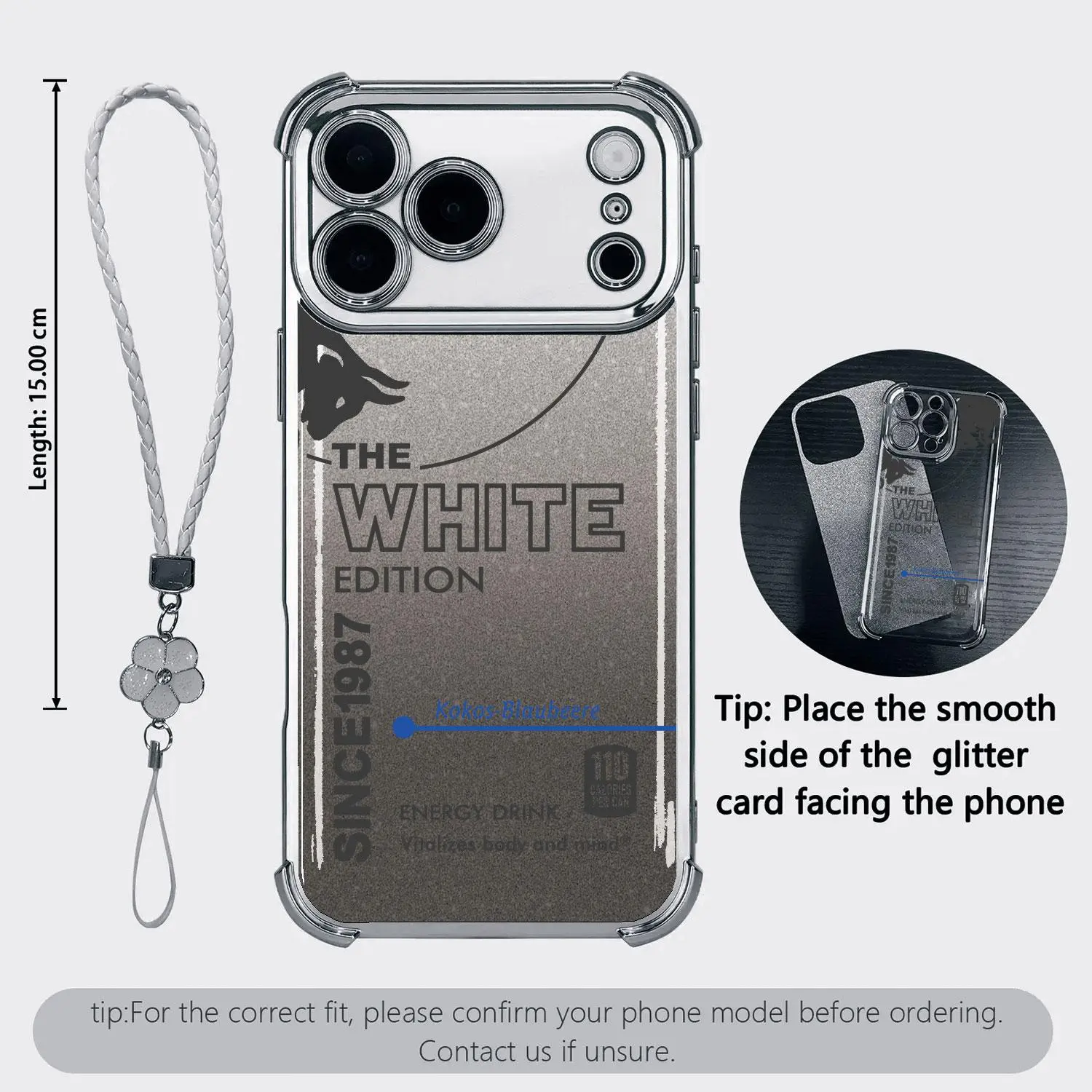 Glitter Energy Drink-Style Transparent TPU Plastic Mobile Phone Case, Shockproof Protection, Lanyard, Wrist Strap, Flowers Design Option for iPhone 17/16/15/14/13/12/11 Pro Max Plus, Samsung S26/S25/S24 Accessories