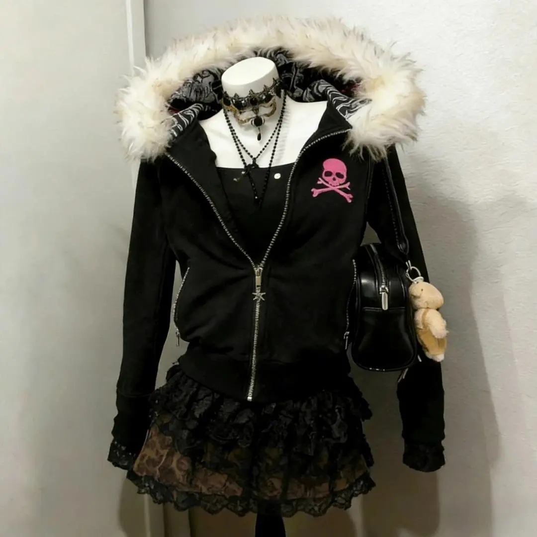 Faux Fur American Vintage Coats with Hooded Women's Y2K Sweatshirts Gothic Harajuku Subculture Punk Emo Sweatshirts and Jacket