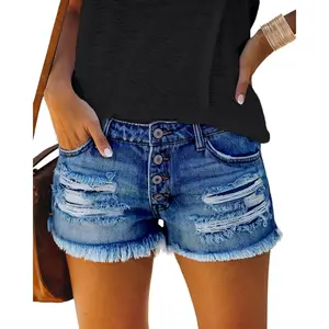 Good osierds Women's Mid Rise Ripped Denim Shorts Stretchy Distressed Frayed Raw Hem Casual Jean Shorts Summer Outfits Y2K Festival Hot Pants Button Fly