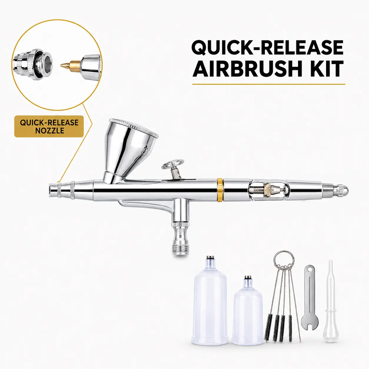 Gravity Feed Airbrush Kit with Quick-Release Nozzle, 0.5mm Extra Nozzle & Needle, Chrome Finish, Dropper, Cleaning Brush Set for Cake Decorating, Model Painting, Diy Crafts