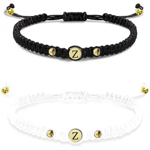 Personalized Initial Letter Braided Bracelet, Adjustable Black/White Cord with Gold Accents, Customizable Alphabet Charm Wristband