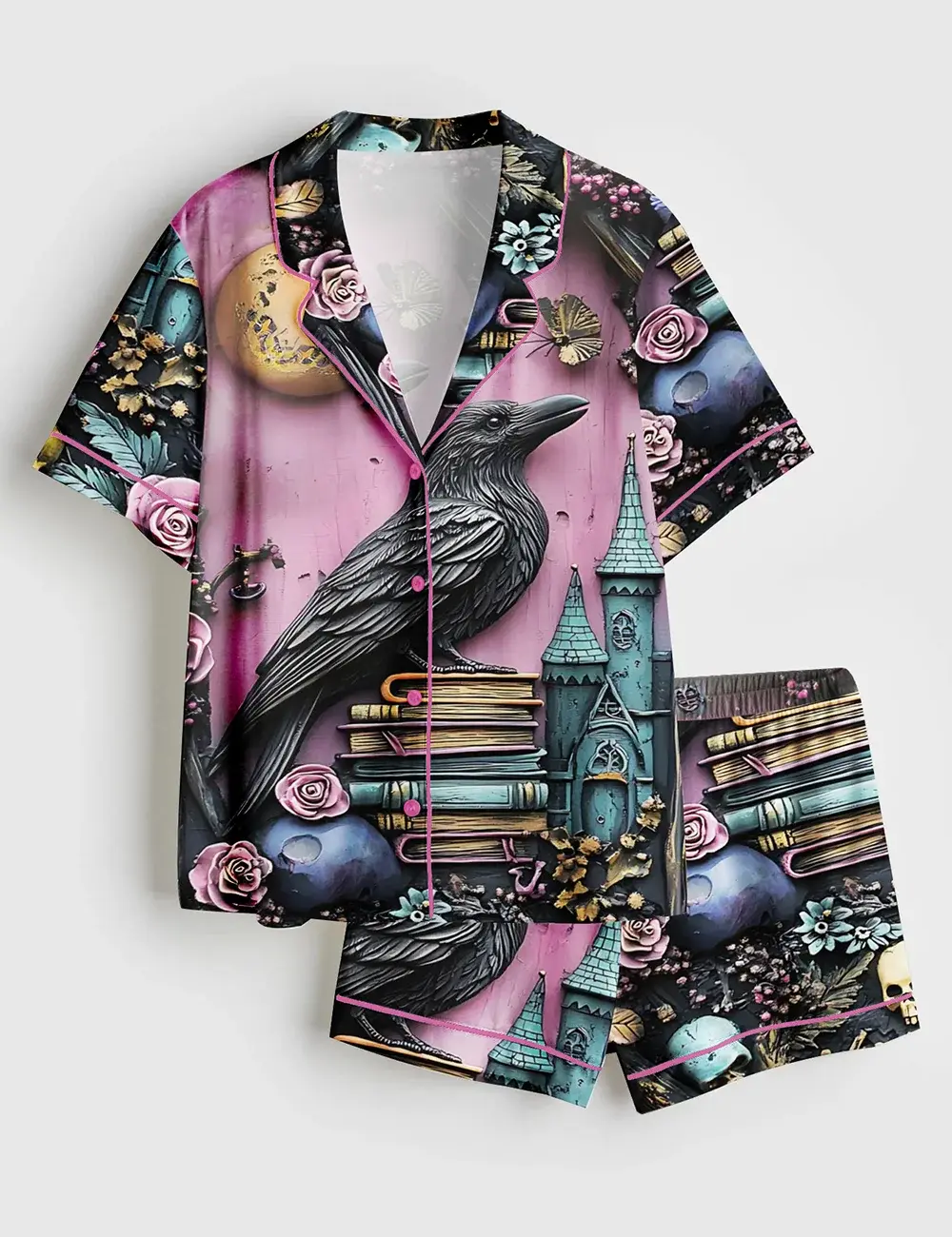 Women's Gothic Purple Bookshelf Dark Academia Witch Skull Floral Book Lover Short & Long Sleeve Satin Pajama Set