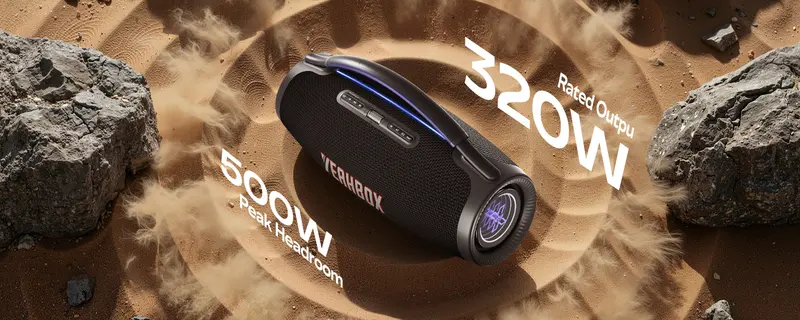 YEAHBOX Ultra 320 High-Power Ultra-Portable Bluetooth Bass Speaker - 300W Rated/500W Peak Power, True 3-Way 5-Driver System, 6×9in Racetrack Woofer, Dual Radiators, RGB Lights, IP65 Rated, Multi-Input (USB, HDMI ARC, Cells), Deep Controlled Bass Impact