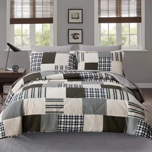 Comforter Set Queen Size Plaid Patchwork Comforter Bedding-7 Piece Bed in a Bag,Soft Fluffy Reversible Microfiber Bedding Set(1 Comforter,1 Flat Sheet,1 Fi