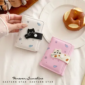 Cute Cat Short Wallet for Women - Cartoon Cat Buckle Tri-Fold Card Holder, Multi-Slot Card Case with Button Closure, Adorable Cat Pattern Short Purse with Multiple Compartments for Coins, Cards