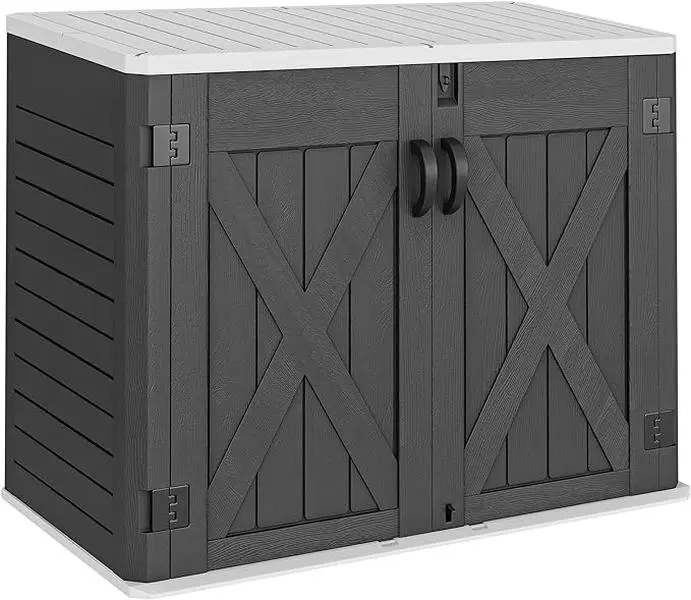 YITAHOME 35 Cu Ft Outdoor Horizontal Resin Storage Shed - Dark Gray, Waterproof, 20-Minute Quick Installation, Modern, Wood Texture, X-Shaped Lockable Door, No Shelf, 48x13 Add-On Shelf, Fits 2 Trash Cans, Ideal for Bicycles, Garden Tools