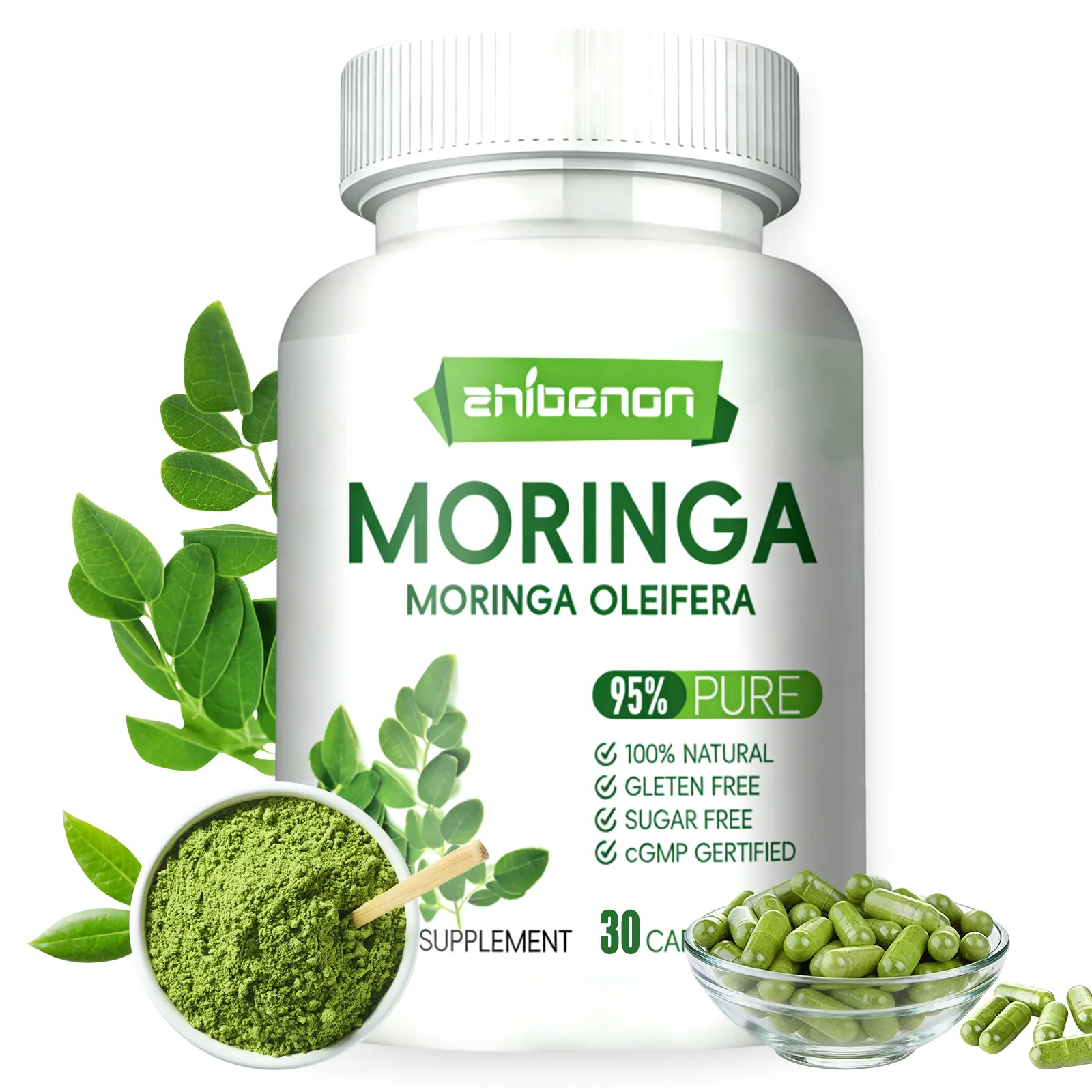 ZHIBENON Pure Moringa Leaf Dietary Healthcare Supplement - 7.00mg per Serving, Multi-Size 30/60/90 Capsules, Natural Green Superfood, Third-Party Tested, Gluten-Free, Immunity & Energy Booster