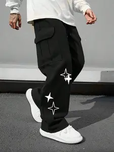 Men's Stylish American High-Street Cargo Pants, Cross-Print Menswear Trousers with Multiple Pockets, Drawstring Waist, Loose Straight Wide-Leg Fit, Breathable Skin-Friendly Non-Restrictive Design, Suitable for Everyday Outings, Campus Commutes, Casual, Ba