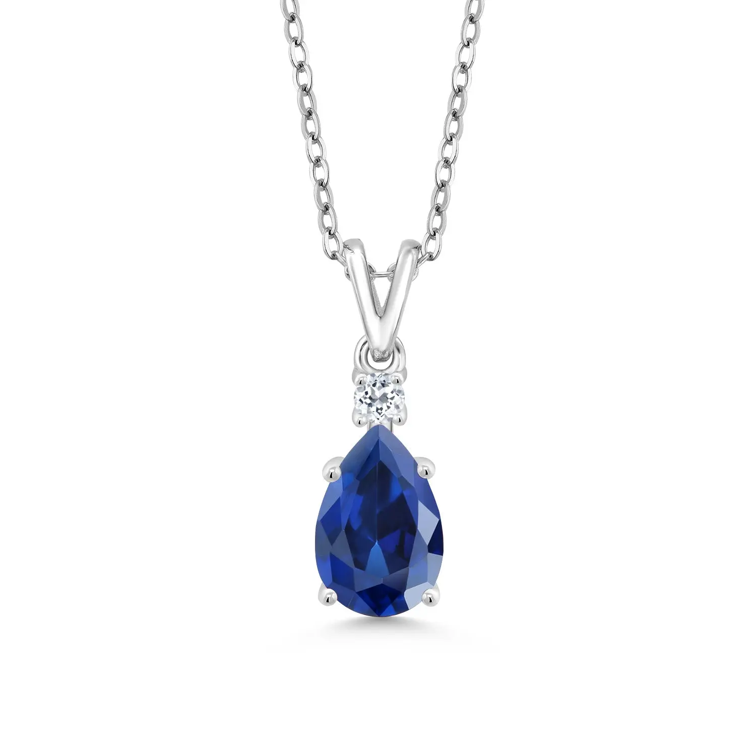 1.09 Cttw Blue Created Sapphire and White Topaz Pendant Necklace For Women | 925 Sterling Silver | Gemstone September Birthstone | Pear Shape 9X6MM | With 18 inch Chain
