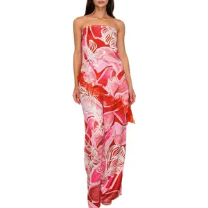 Pink Floral Strapless Satin Pant Set