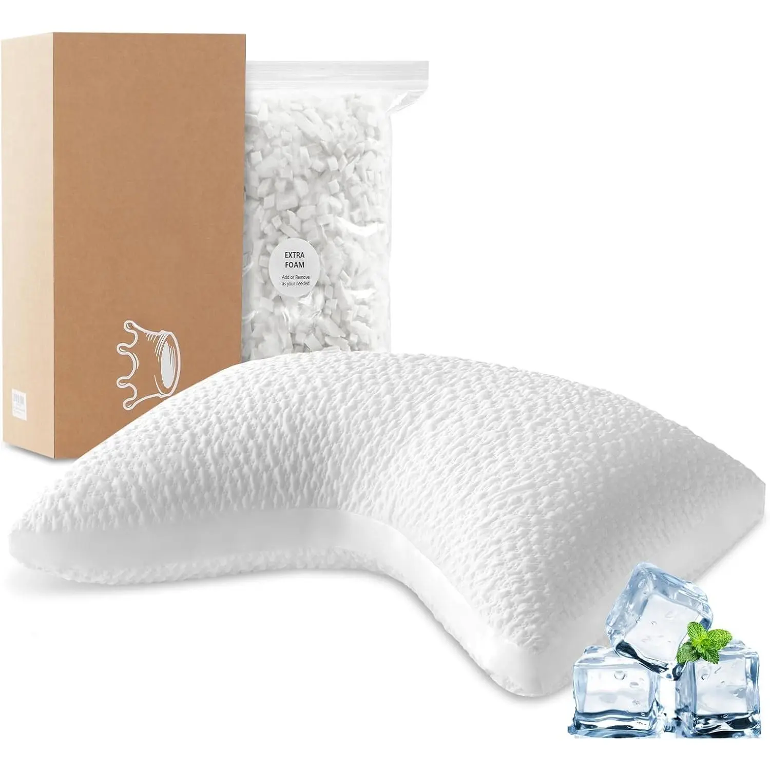 Cooling Side Sleeper Pillow for  and  Support,  Curved Crescent Gusseted Luxury Shredded Memory ( CertiPUR- Certified ) with Extra Fill, Cool & Soft Cover, White Standard