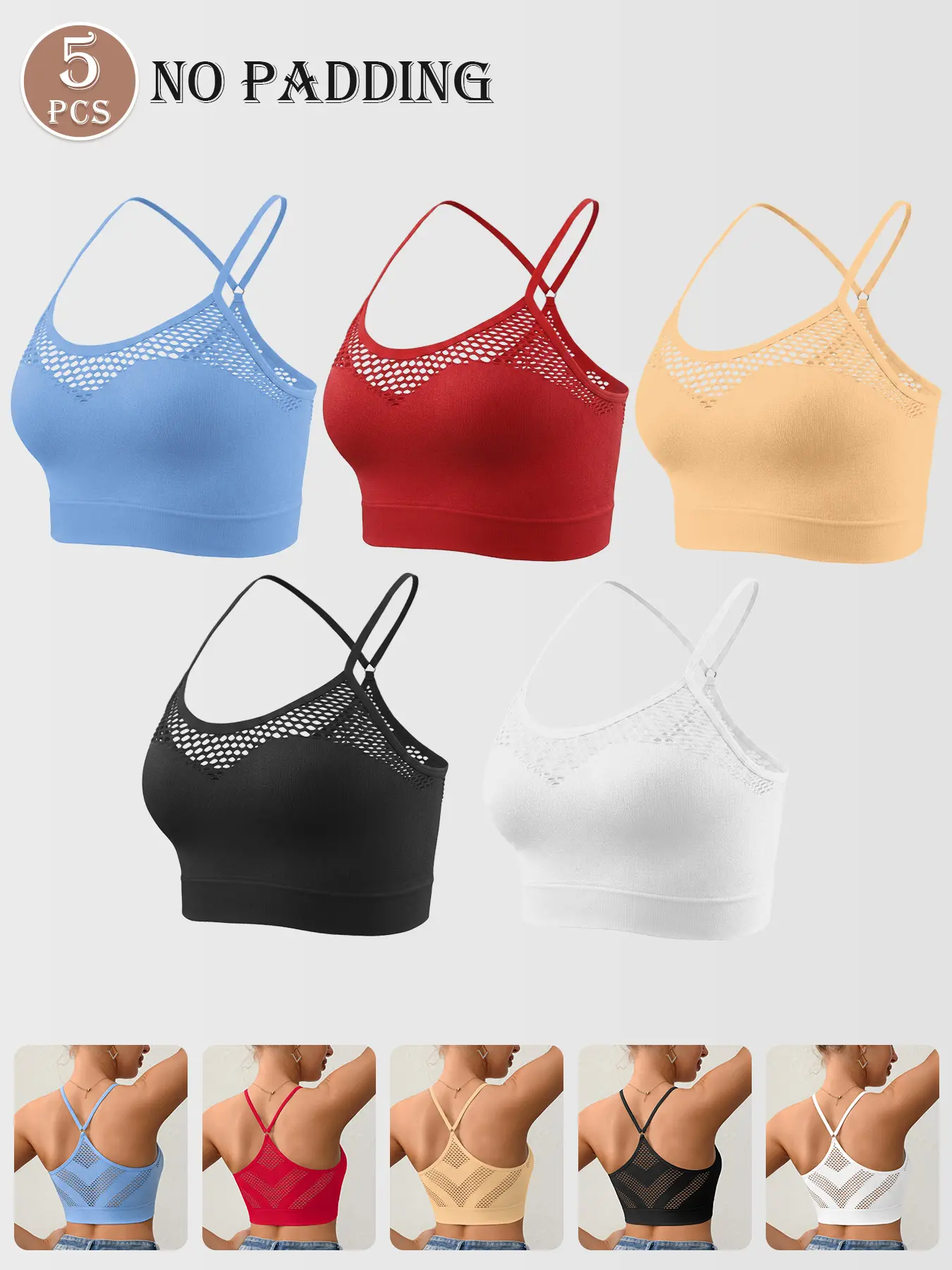 5 Pack Women Wireless Crisscross Hollow Out Bralette, Breathable Mesh Thin Spaghetti Strap Bra, Soft Skin Friendly Daily Yoga Camisole Innerwear