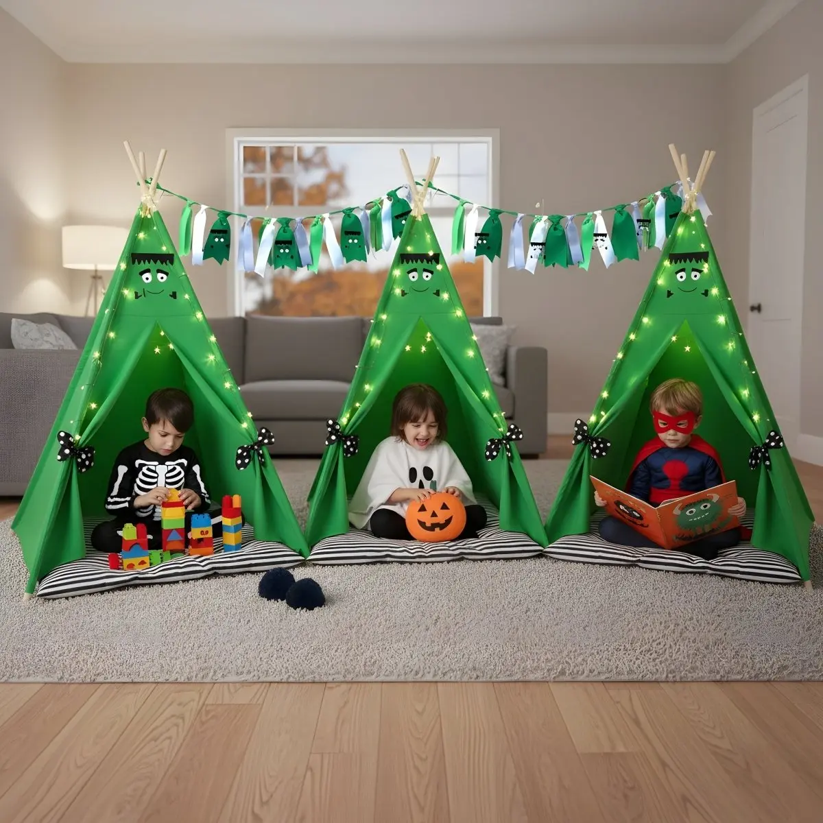 Frankenstein Halloween Festive Party Supplies Sleepover Pack - Felt Green Monster Mash Teepees, Plastic String Lights, Stripe Banners, Pillow Cases, Bats, Masks, Bling Treat Jars for Kids' Spooky Night Photo Activities