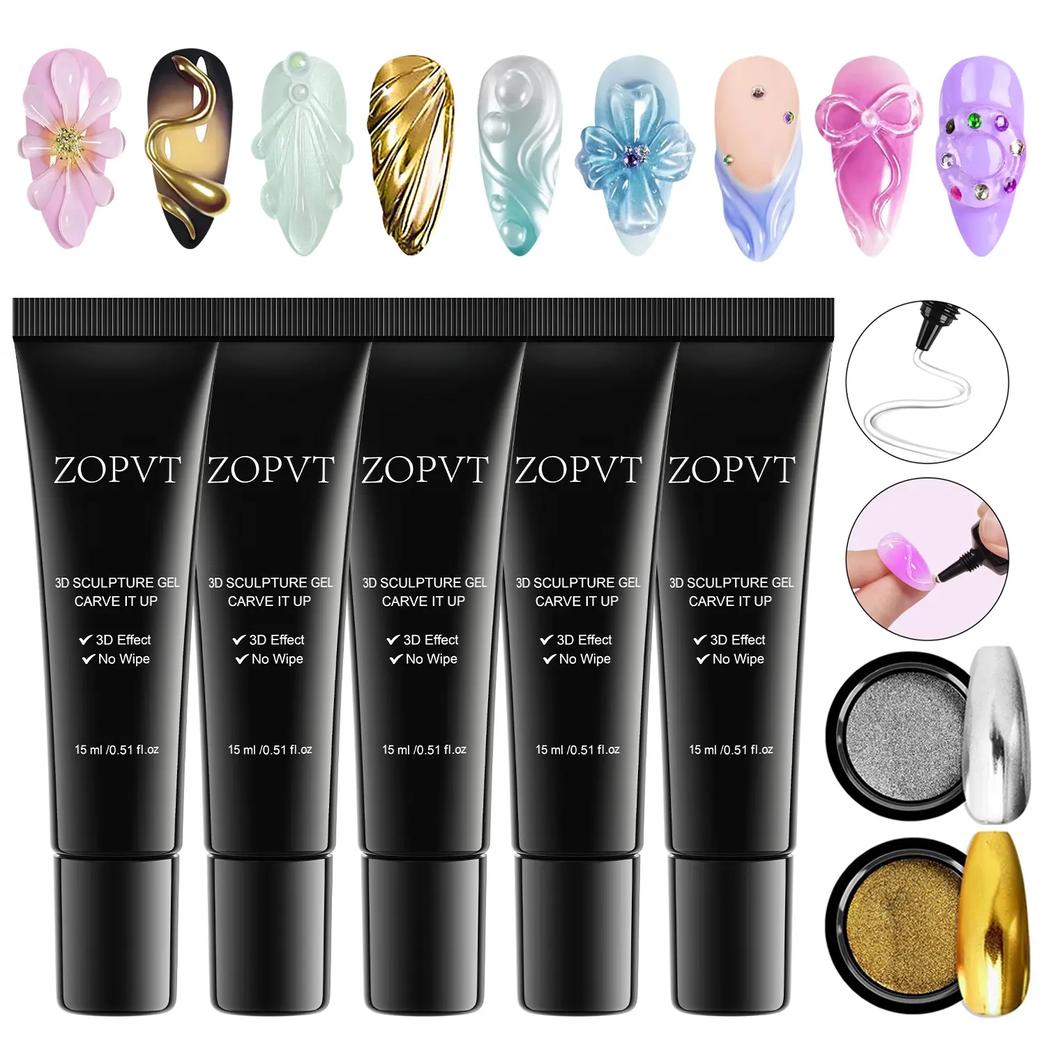 5 Piece 3D Nail Art Gel Set, DIY Carving Glue, Water-Based Design Gel, Metallic Mirror Chrome Powder, Ideal for Complex Patterns & Sculptures, Gel Nail Supplies