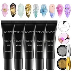 5 Piece 3D Nail Gel Set, DIY Carving Glue, Water-Based Design Gel, Metal Mirror Chrome Powder, Ideal for Complex Patterns & Sculptures