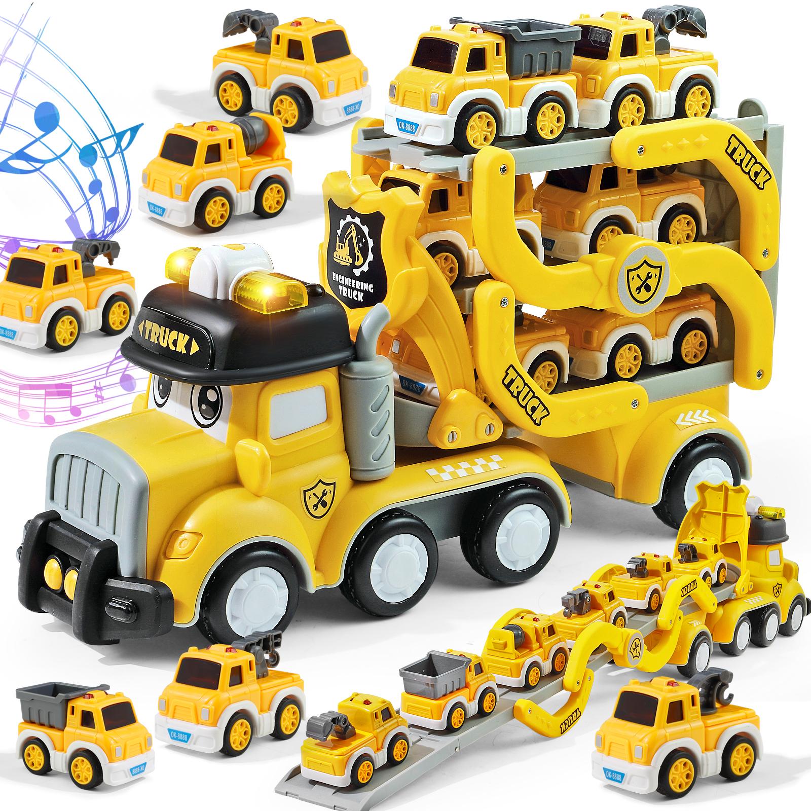 7-in-1 Transporter Car Carrier Truck Toy for Kids with  6 Mini Construction Vehicles, Track, Music, Lights