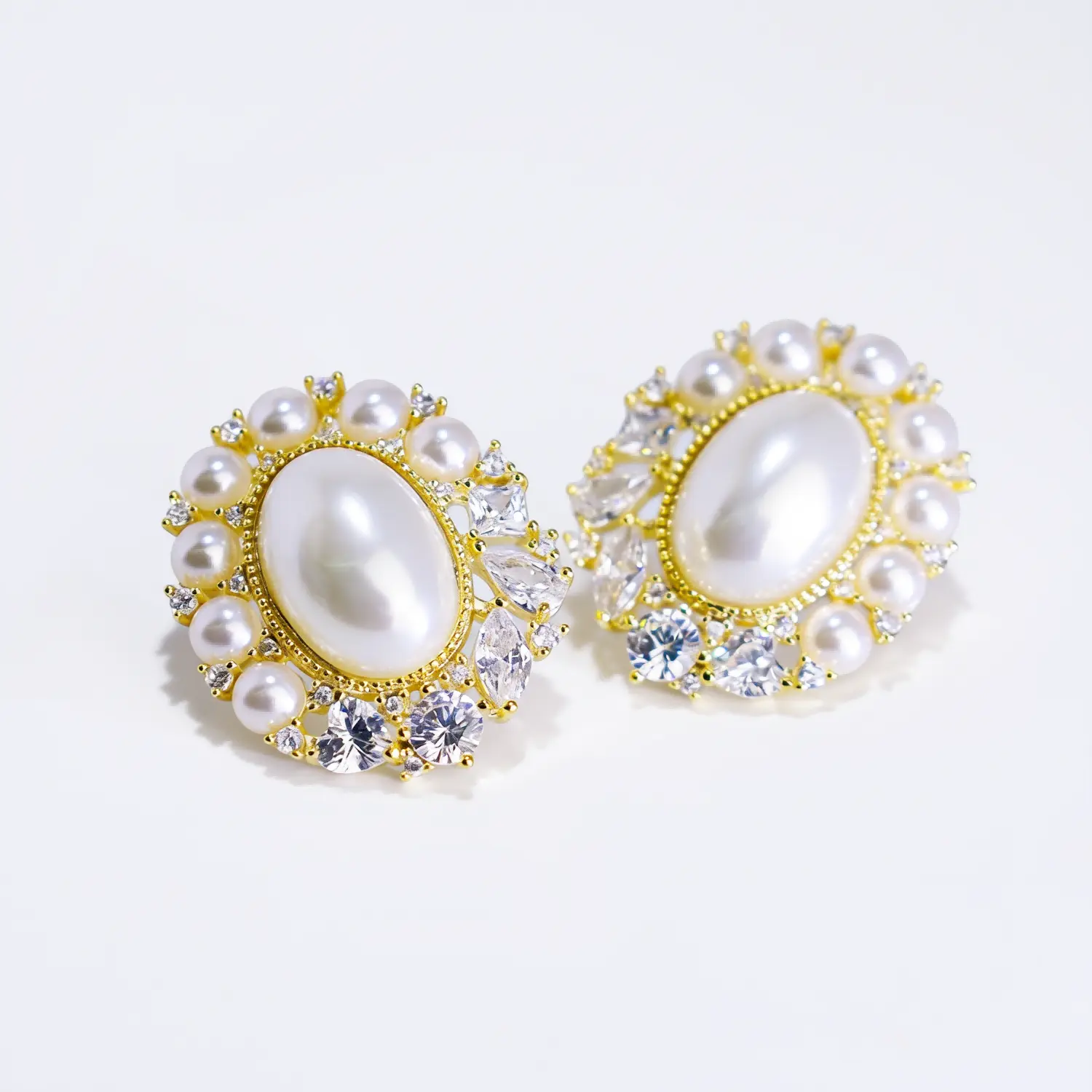 Vintage Baroque 18K Gold Plated Oval Pearl Sunburst Stud Earrings Lightweight Hypoallergenic Statement Jewelry for Wedding Bridal and Formal Gala Gifts