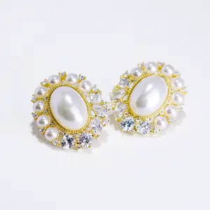 Vintage Baroque 18K Gold Plated Oval Pearl Sunburst Stud Earrings Lightweight Hypoallergenic Statement Jewelry for Wedding Bridal and Formal Gala Gifts