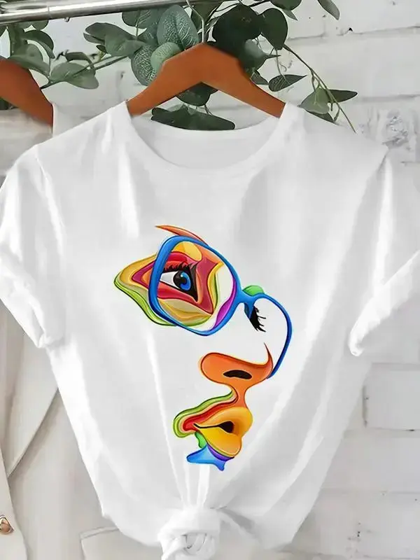 Women's Colorful Abstract Face Print Round Neck Tee, Fashion Casual Short Sleeve T-shirt for Daily Wear, Ladies Summer Clothes Top Fit