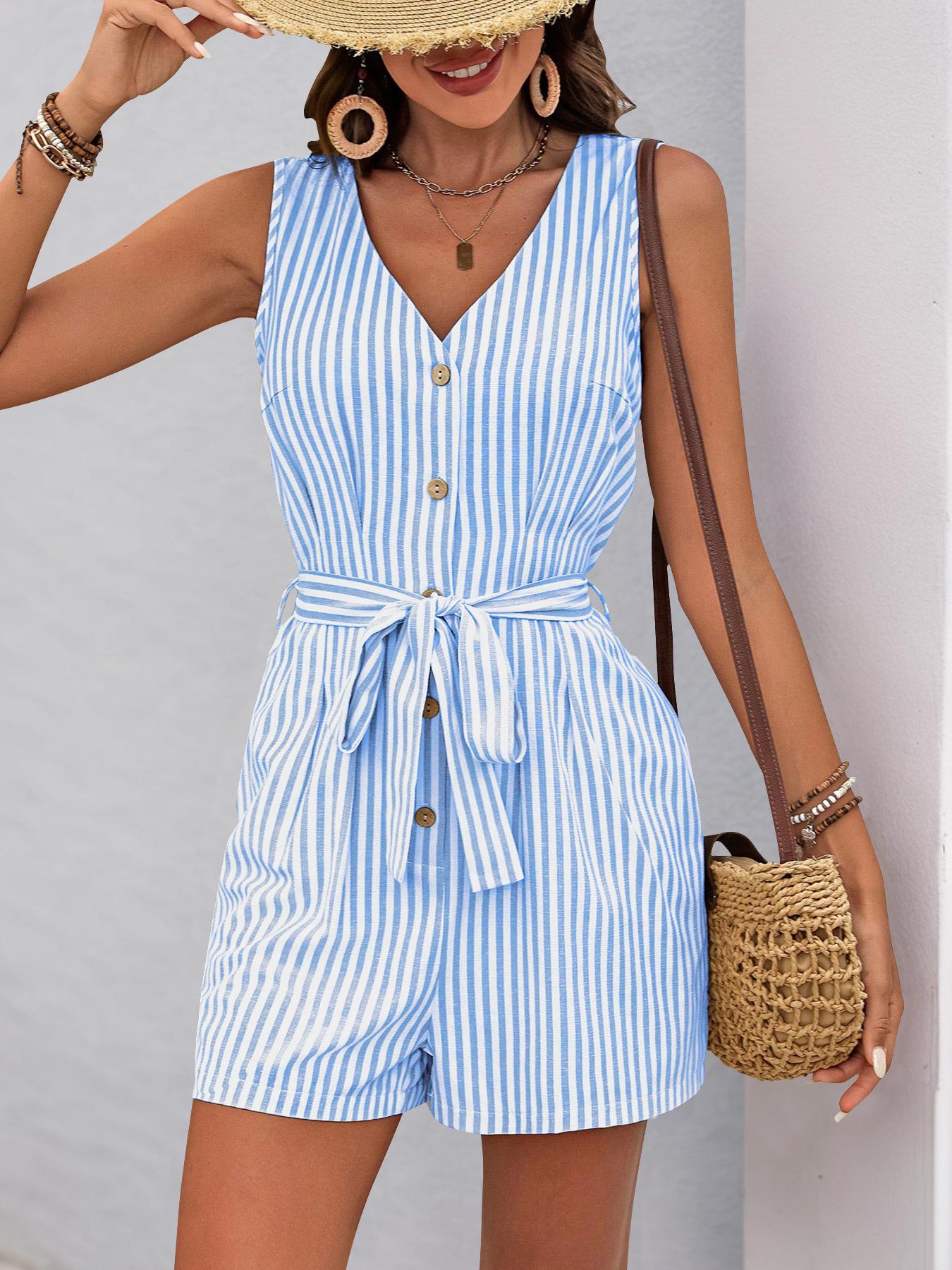 V-neck Sleeveless Striped Jumpsuit Short Pants