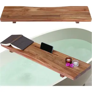 1.2IN Thickened Acacia Wood Bathtub Tray Caddy with Adjustable Legs, Minimalistic Bath Tray Bathtub Accessories Fits Most Bath Tubs, Great Gift Idea for Women