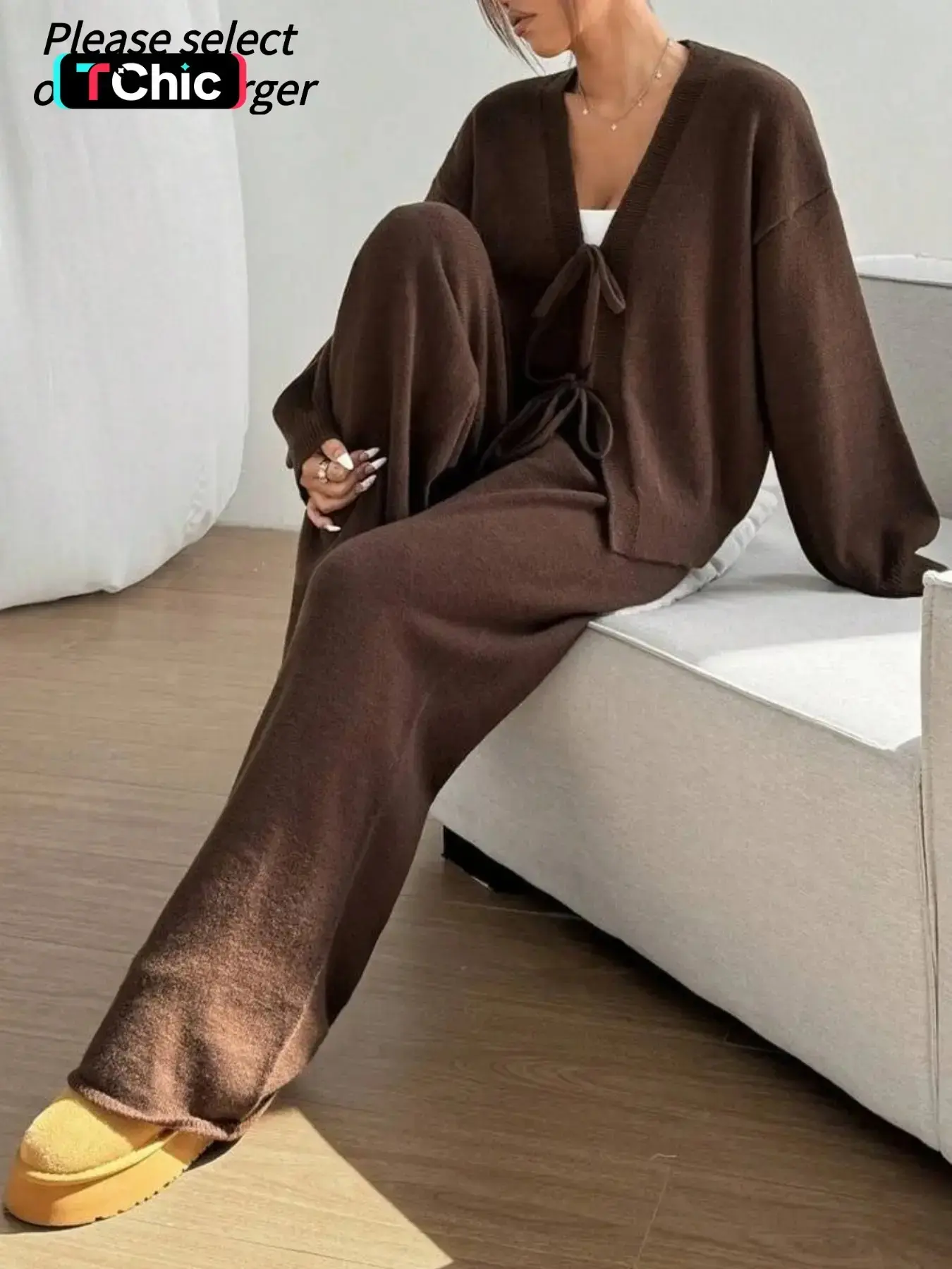 Women's 2 Pcs Tie Front Cardigan Sweater Set, Solid Long Sleeve V Neck Cardigan Sweater & Pants Two-piece Set, Casual Fashion Cozy Knitwear Set for Daily Outdoor Wear, Women Knitwear for Fall & Winter, Women Fall Loungewear set, Outfit