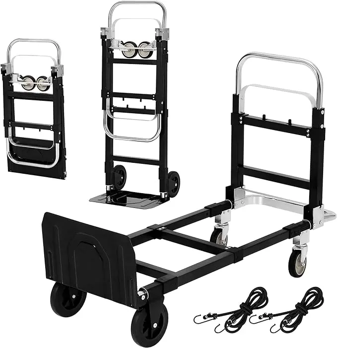 2-in-1 Convertible Mobile Hand Truck Trolley, 660lbs Load Capacity Folding Utility Carbon Steel Cart with Wheels, Elastic Straps for Home, Warehousing, Office, Industrial