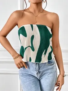 Summer New Print Pleated Vacation Elegant Halter Top, Fitted Sleeveless Blouse, Casual Fashion for Women, All Seasons Wear