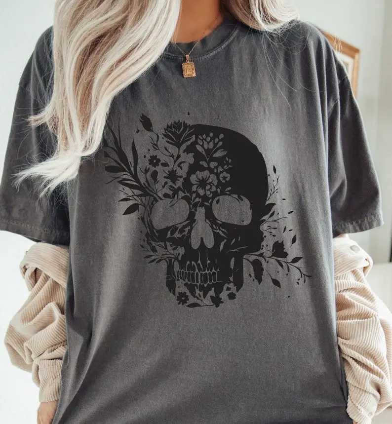 Comfort Colors Floral Skull TShirt, Boho Halloween Graphic Tee, Vintage Gothic Wildflower T-Shirt, Spooky Botanical TShirt
