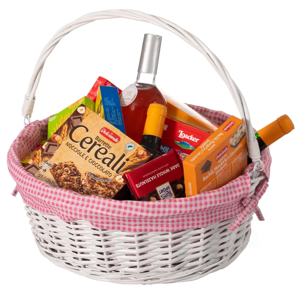 212 MAIN Large Round Stackable Outdoor Willow Picnic Basket - Classic Elegant Traditional Design, White with Pink-White Gingham Liner, Sturdy Foldable Handles, Space Saver Home Organizer for Outdoor Food Storage, Party Use