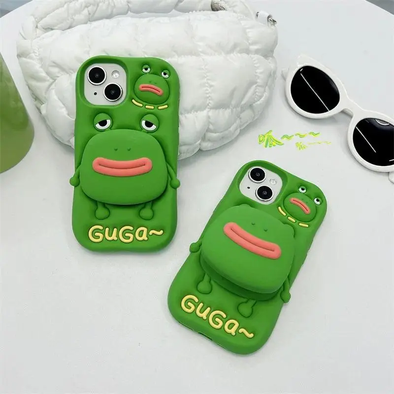 Cute Cartoon Thick-Lipped Frog Silicone Telescopic Bracket Smartphone Case, Shockproof Protector Cover for iPhone 12,13,14,15 Pro Max - Cellphone Accessory