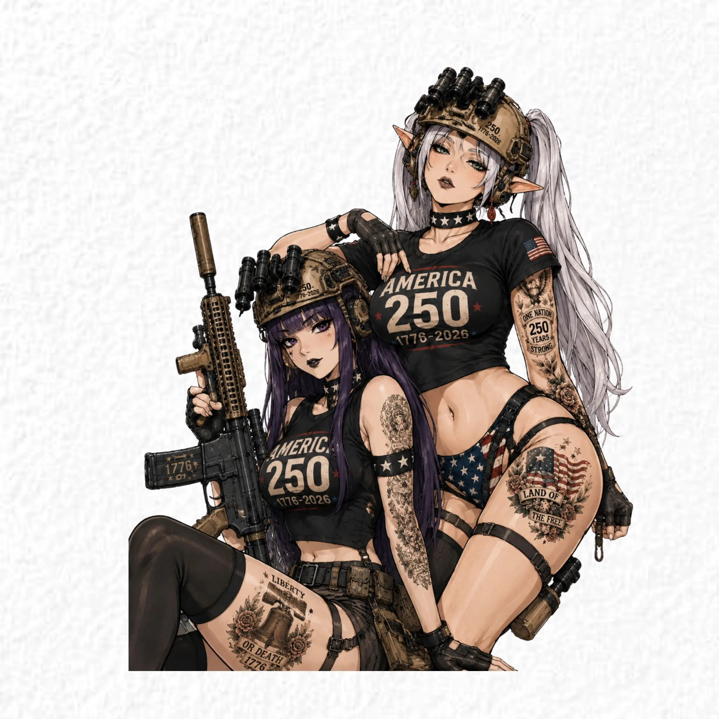 Frieren x Fern Patriotic Anime Tactical Sticker, 250 Years of American Freedom Decal, USA 1776–2026 Laptop Car Sticker