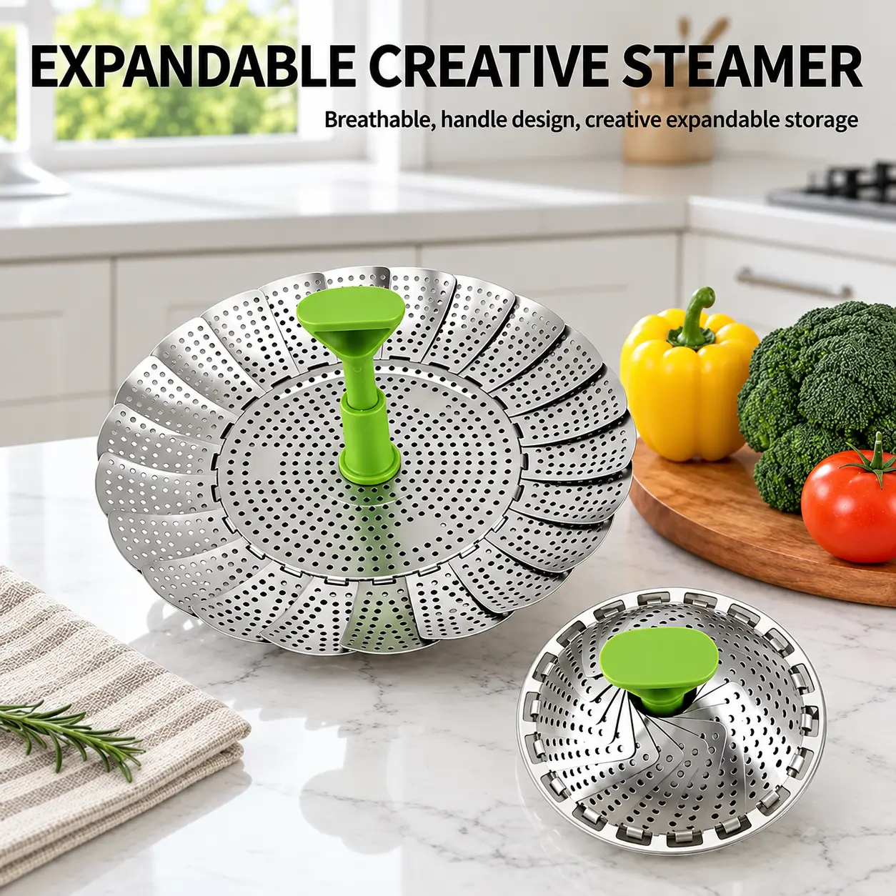 304 SS Stainless Steel Compact Folding Steamer Basket, Expandable Perforated Steamer Insert with Easy-Lift Handle for Pots, Vegetables, Seafood