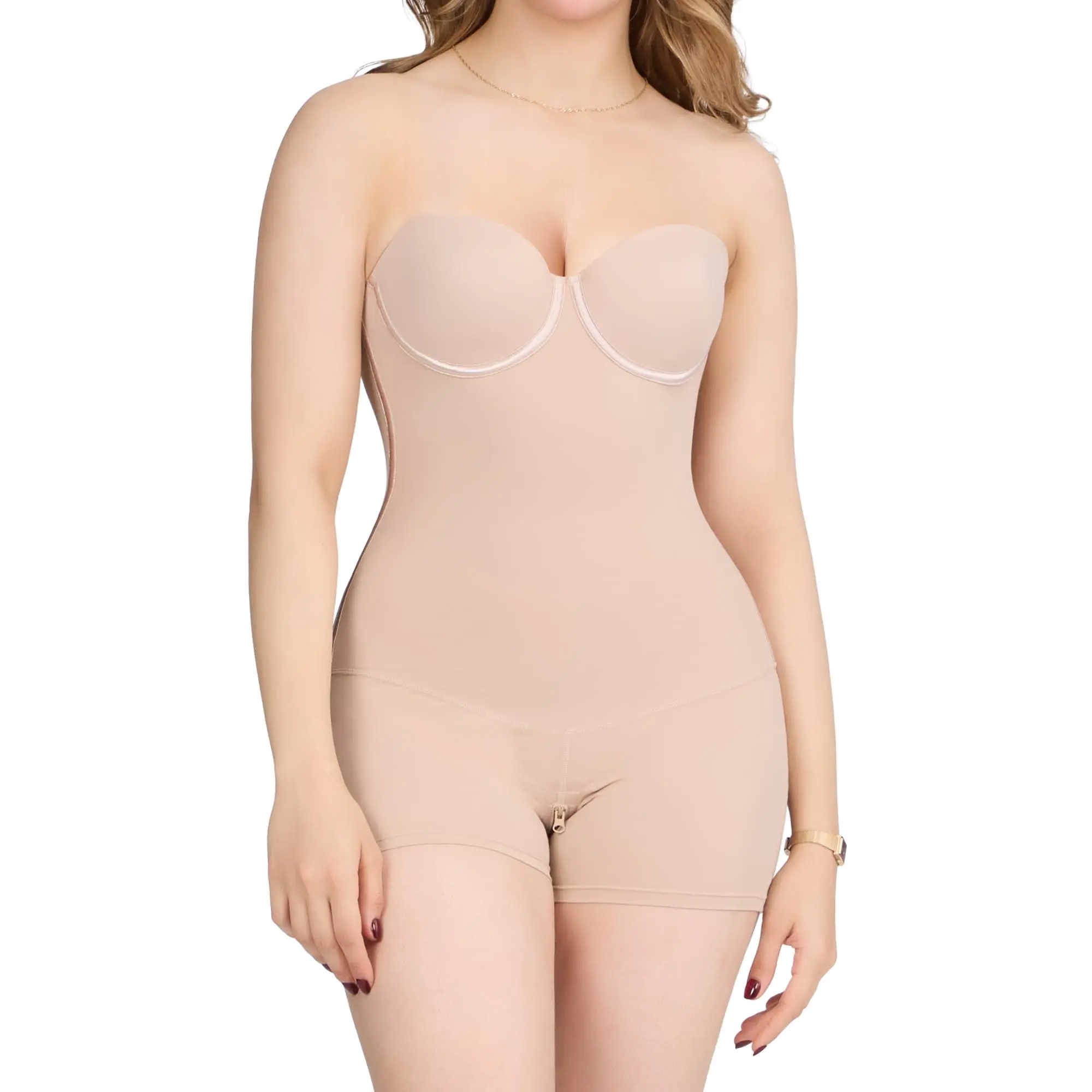 COOSHAPE Women's Bodysuit Shapewear - Strapless Non-Slip Adjustable Nylon Blend Tummy Slimmer, Low Back, Built-in Bra, Bathroom-Friendly Zipper, Removable Straps, Smooth Minimizer for Party & Daily Wear, Smooth Minimizer Shapewear Bodysuit