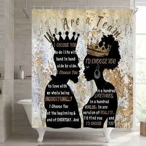 4 Pcs Black King Queen Shower Curtain Set, Inspirational Quotes Black Man Women Bathroom Decor Sets with Shower Curtain and Rugs Toilet Lid Cover Bath Mat, Romantic Waterproof Fabric Shower Curtains, Bathroom Decoration Accessories, Bathroom Supplies