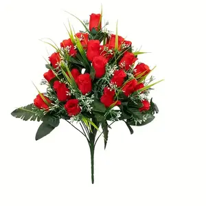 Durable Plastic Artificial Roses, 24-Head Floral Arrangement for Cemeteries & Funeral Decorations, Seasonless Festival Use