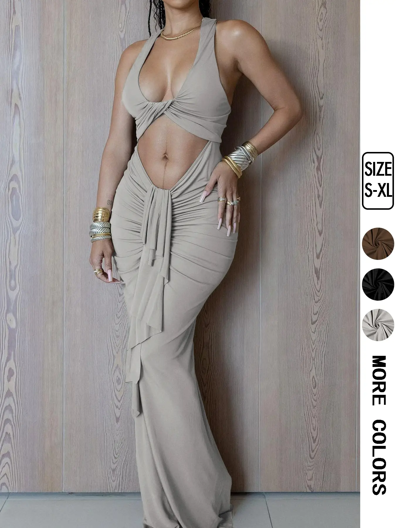 Women's Plain Twist Ruched Cut Out Tank Dress, Sexy U Neck Sleeveless Maxi Dress for Party Club Dating Wear, Ladies Clothes for All Seasons