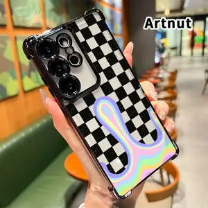 Phone Case Compatible with Samsung Galaxy S23 Ultra S24 Plus S25 S22+ FE Edge Checkered Rainbow Melt Pattern Anti-drop Durable Total Protective Shockproof Transparent Cover Casing