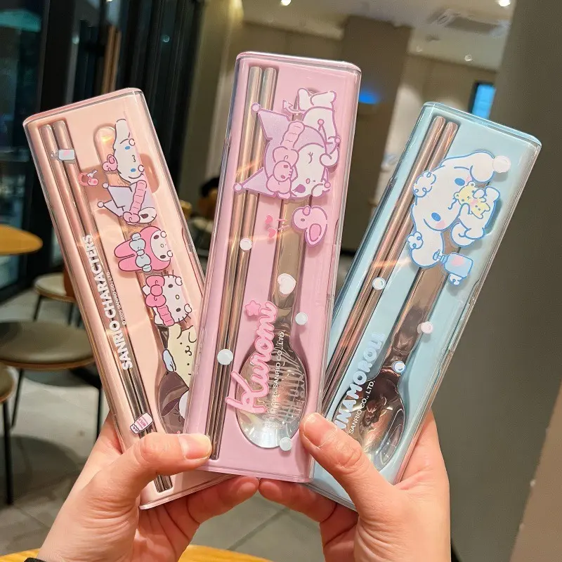L Sanrio Spoon and Chopstick Set: 304 Stainless Steel Big Ear Dog Portable Tableware Set Kids