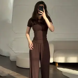 2026 SS Women’s Form-Fitting Short Sleeve Top & Wide Leg Pants Set – Casual 2PC Loungewear 2026 Spring Summer Slim Fit T-Shirt + High Waist Wide Leg Trousers Set – Trendy Casual Outfit Women’s 2026 New Arrival Ruched Side Top & Wide Leg Pants 2 Piece