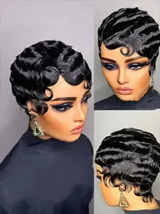 Finger Wave Wig Human Hair Wig for Women Short Ocean Wave Wig Curly Bob Wig Pixie Cut Wigs for Women Full Machine Made Wig 150% Density, Water Wave Wigs