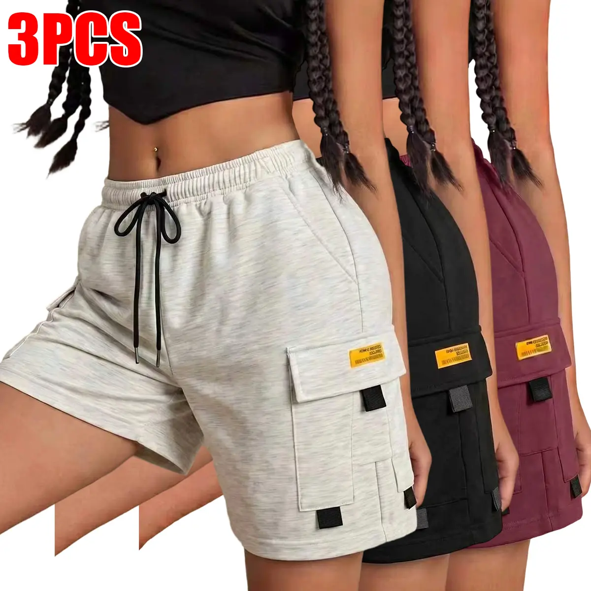 Women's 3-Piece Casual Cargo Bottoms Set - Elastic Waistband with Drawstring, Comfortable Breathable Fabric, Summer Shorts, Activewear for Vacations, Commuting