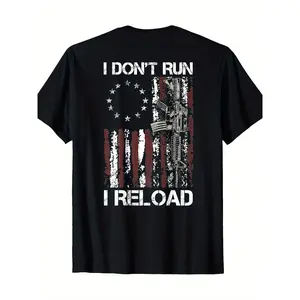 Patriots T-Shirt - I Don't Run I Reload Gun American Flag, 180g, for Outdoor Enthusiasts