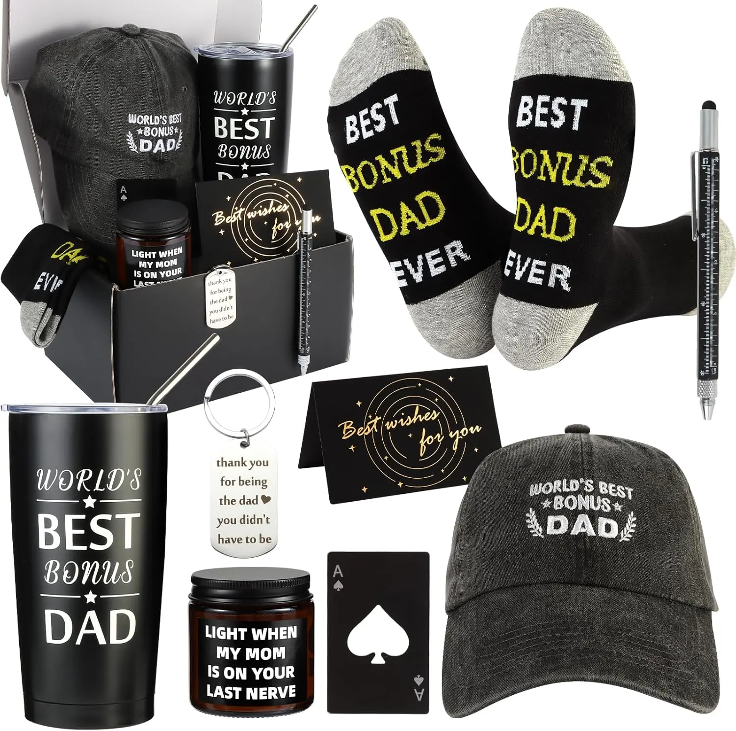 Halloween Fall Gift Father Day Gift 9 Pieces Bonus Dad Gift Set Best Bonus Dad Ever Gifts for Men with  Mens Socks Mens Baseball Cap Key Chain Card for Father Uncle for Christmas, Birthday