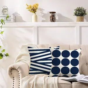 4pcs Navy Blue & White Bohemian Modern Luxury Cushion Set - Large Square Decorative Pillowcases with Zipper Closure, 18x18 Inch (45x45cm) for Sofa, Bed, Porch, Living Room - Indoor/Outdoor Use, Machine Washable - White & Navy Blue Striped & Solid Design,