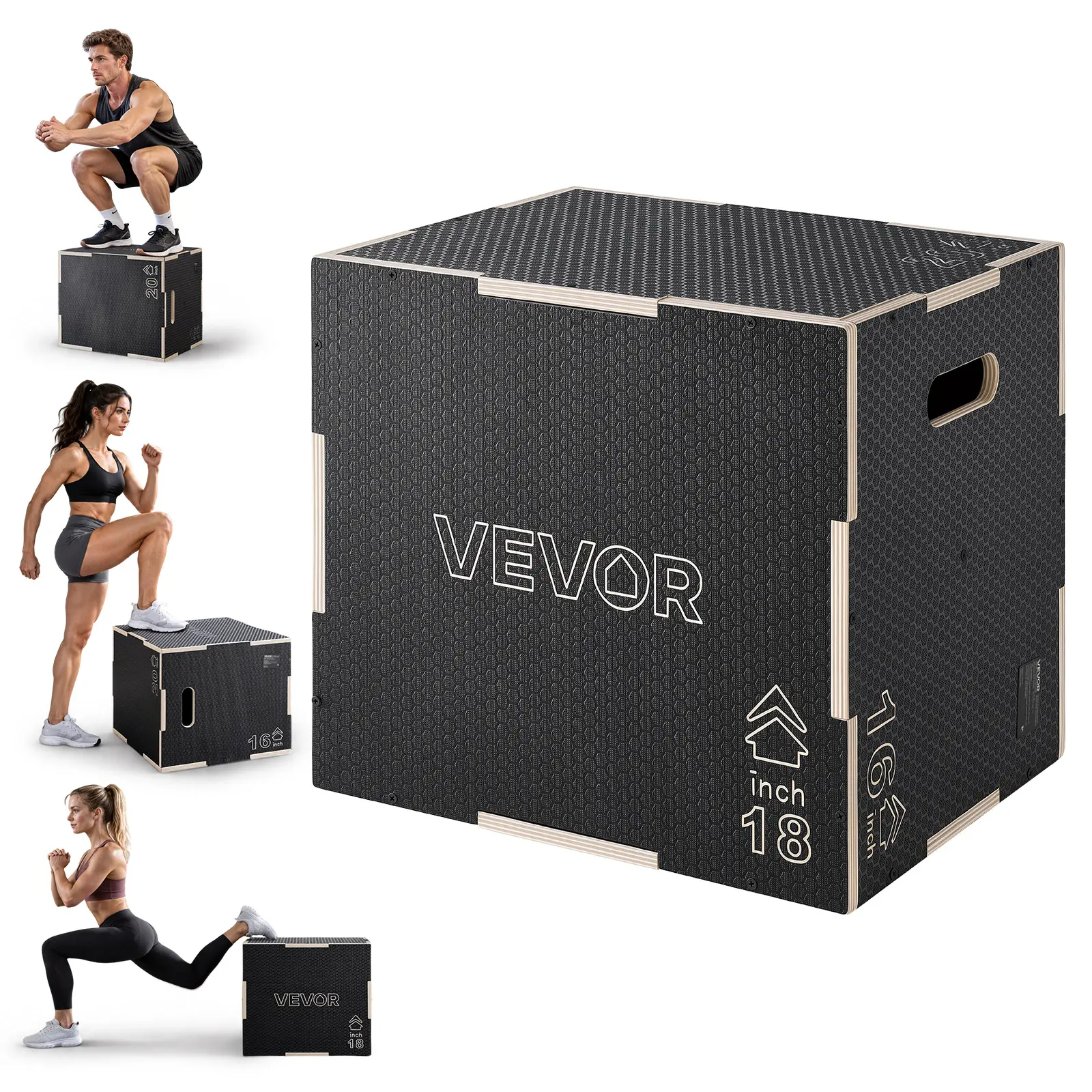 VEVOR 3-in-1 Wooden Plyo Box, 16/18/20-Inch, Non-Slip Plyometric Jump Boxes, for Home Gym, Step-Up Training Exercise Platform with Smooth Edges, Built-In Handles, Pre-Drilled Holes & Stable Support