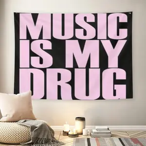 MUSIC IS MY DRUG Pink Bold Text Wall Flag, Black Background Y2K 2000s Aesthetic Tapestry, Mid-century Modern Grunge Room Decor for Adult Fans, Music Lover Slogan Wall Hanging