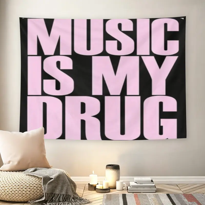 MUSIC IS MY DRUG Pink Bold Text Wall Flag, Black Background Y2K 2000s Aesthetic Tapestry, Mid-century Modern Grunge Room Decor for Adult Fans, Music Lover Slogan Wall Hangingmusic comics wall flags custom tapestries