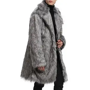 2025 Autumn Winter Fur Coat Men's Mid-Length Faux Fur Warm Fur Coat Beige Gray Bottom Black Tip Menswear Long Sleeve Plain Jackets